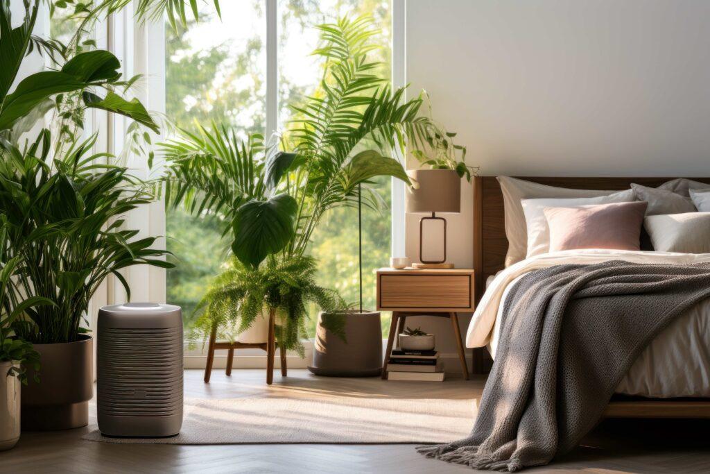 Schlafzimmer mit beige-brauner Wand, grauer Bettwäsche und Sonnenlicht, das die tropische Palme auf einem Holzparkettboden beleuchtet.