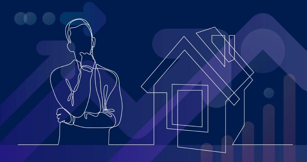 Grafik eines nachdenklichen Mannes und einer Hauskontur, die eine Vorlage für die Immobilienbewertung symbolisiert.