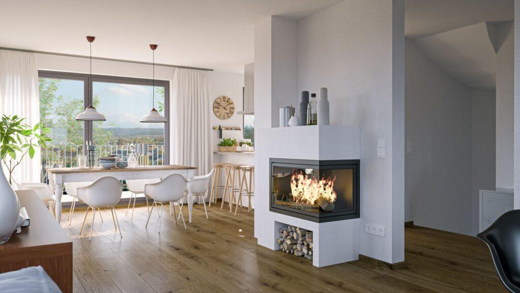 Ein modernes Wohnzimmer mit hellem Interieur, Holzfußboden und einem stilvollen Kamin mit klarer Kamin Glasscheibe, die einen Blick auf das lodernde Feuer freigibt.