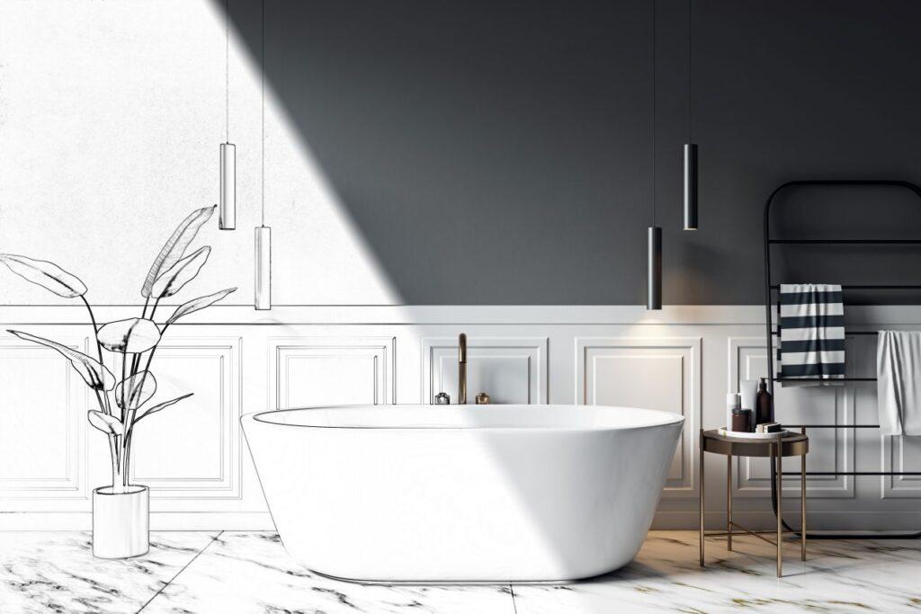 Modernes Badezimmer mit freistehender Badewanne, edler Duschrückwand und eleganter Wandvertäfelung