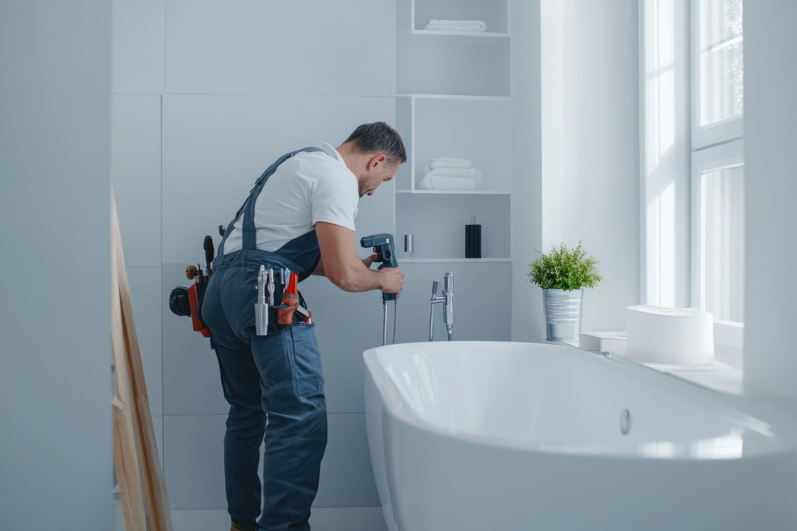 Handwerker installiert Armaturen in modernem Bad mit freistehender Wanne und integrierter Duschrückwand