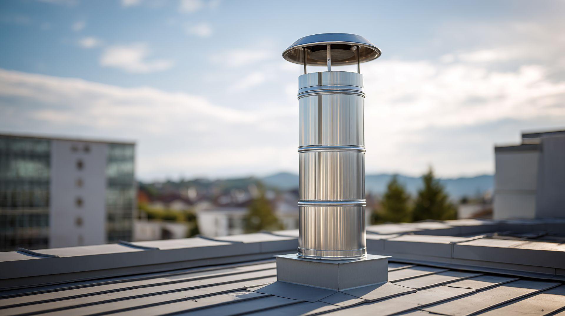 Dachhaube aus blankem Edelstahl auf einem modernen Flachdach mit Stadtpanorama im Hintergrund